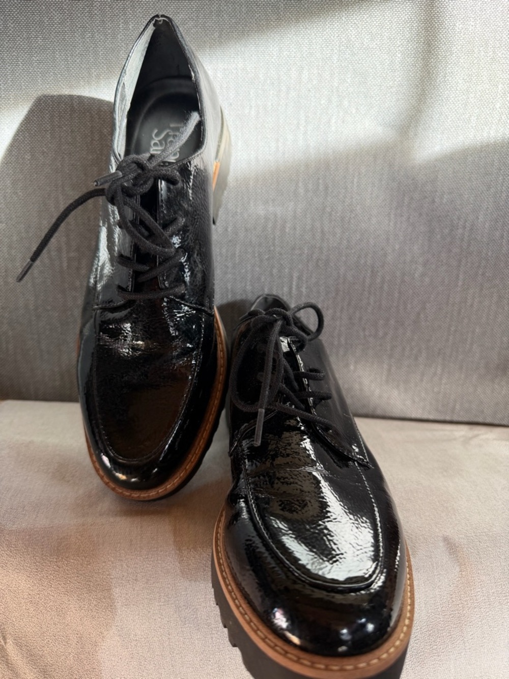 Black Patent Lace-Up Derby Oxfords with Brown Contrast Welt